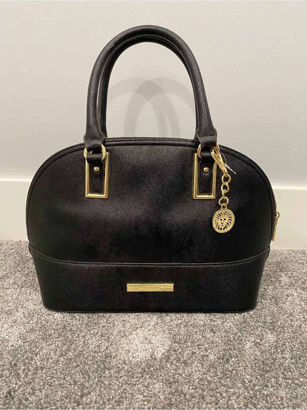 Anne Klein Black Dome Satchel Top Handle Bag Zip Polka Dot Lined Gold Charm